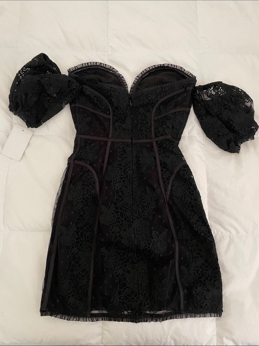 For Love and Lemons Black Lace Off-Shoulder Removable Puff Sleeve Mini Dress - Picture 2 of 4